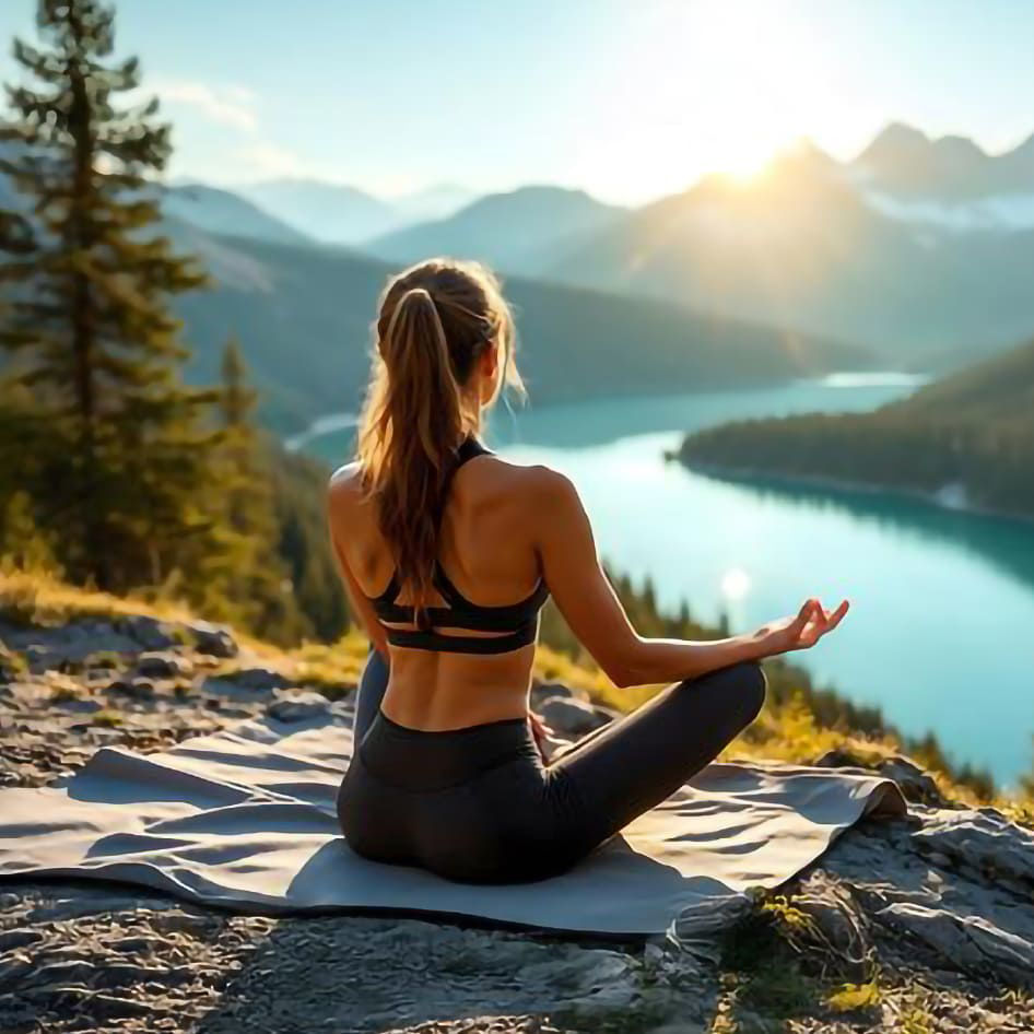 a girl sits on a yoga mat